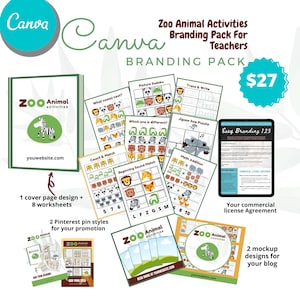 Modelo de pasta de trabalho do Canva com licença comercial para professores Pacote de branding de atividades de animais do zoológico para professores