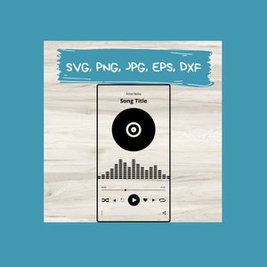 May include: A digital music player interface design featuring a black vinyl record icon, equalizer bars, and playback controls. The text "SVG, PNG, JPG, EPS, DXF" is displayed above the player. The background is a light wood grain.