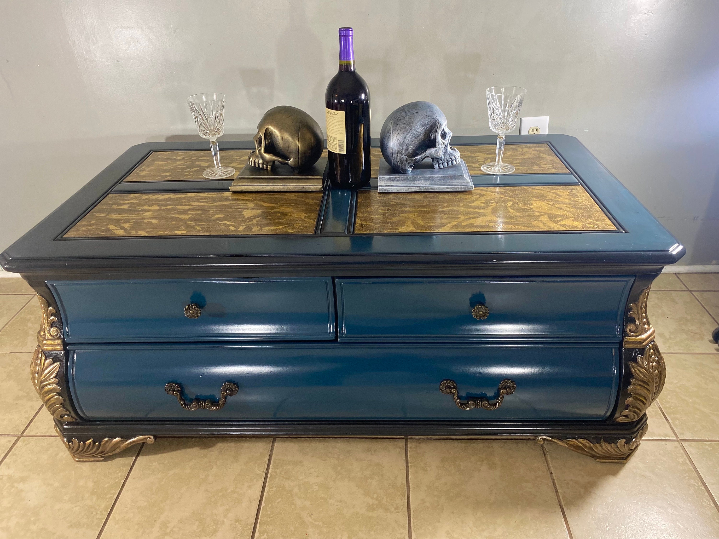 GOLD LEAF Coffee Table, Vintage Coffee Table, Unique Green Coffee Table