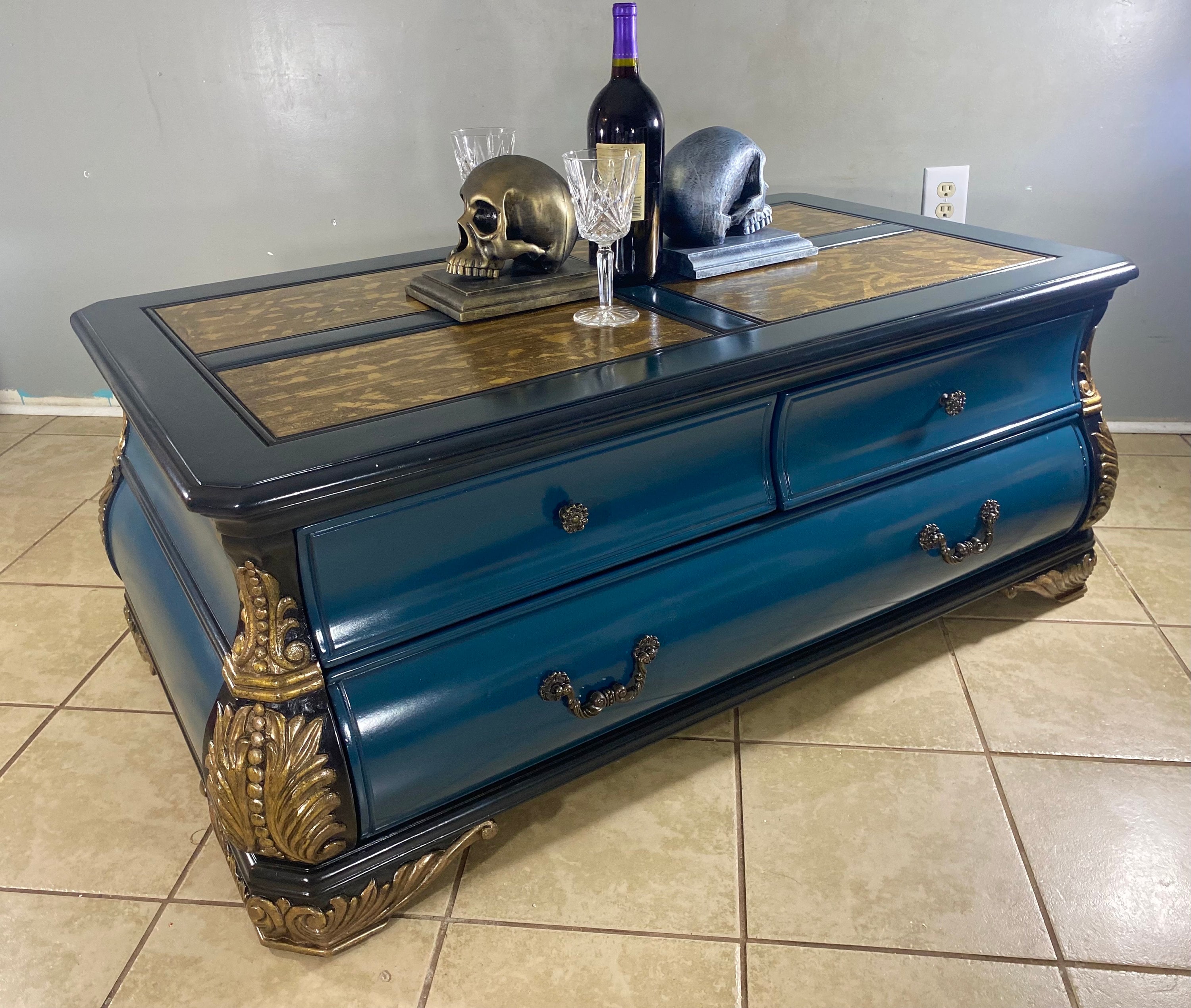 GOLD LEAF Coffee Table, Vintage Coffee Table, Unique Green Coffee Table