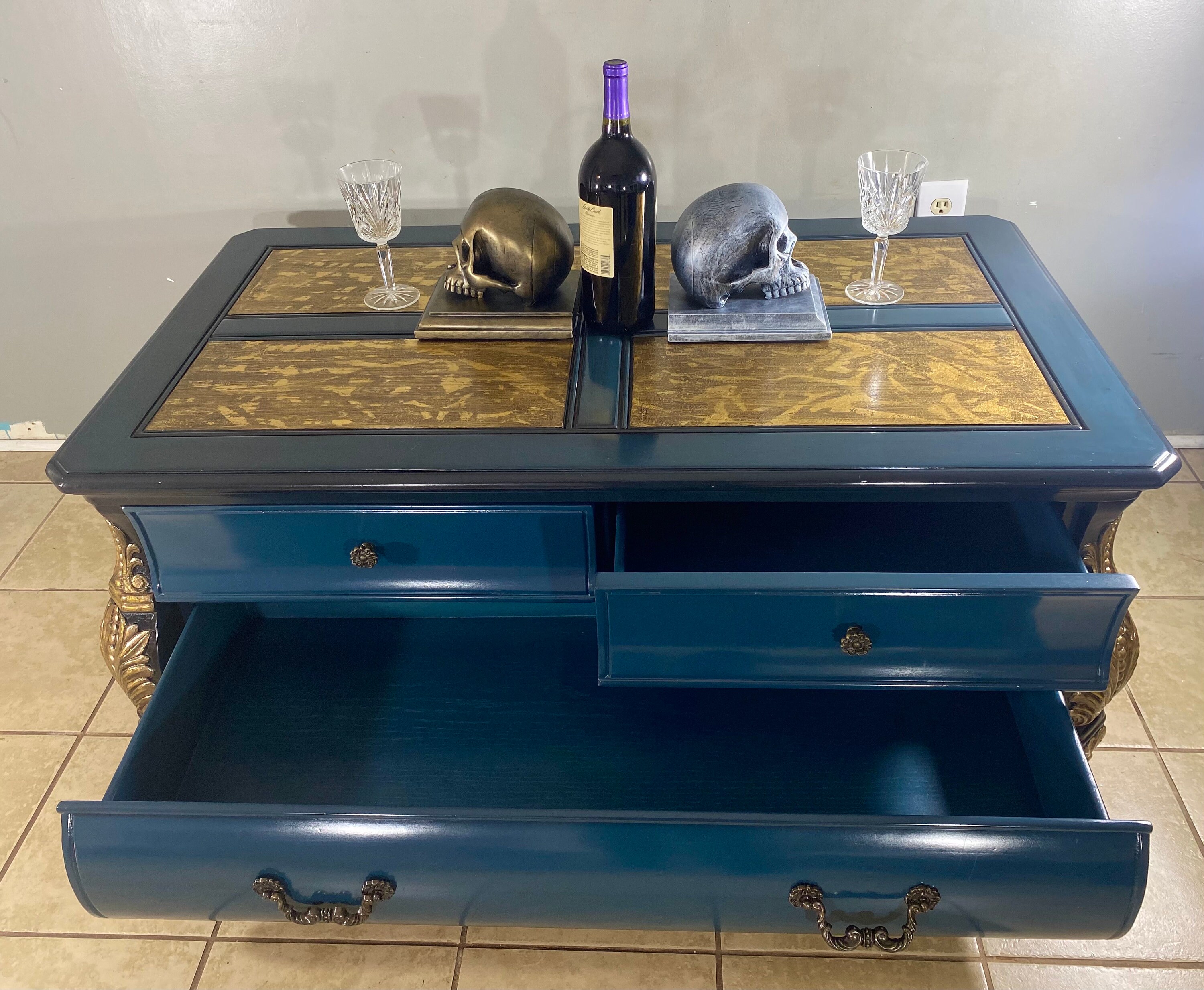 GOLD LEAF Coffee Table, Vintage Coffee Table, Unique Green Coffee Table