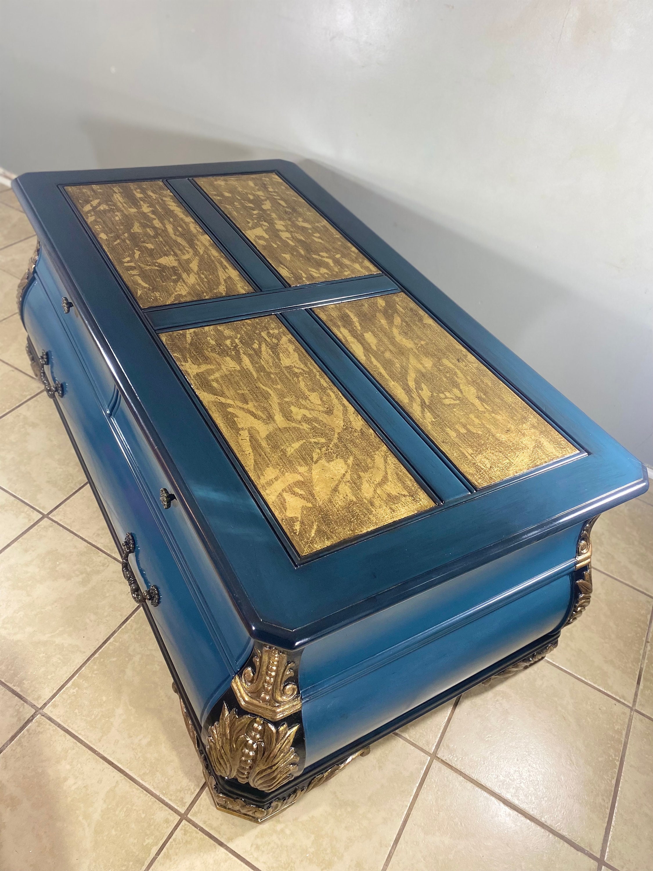 GOLD LEAF Coffee Table, Vintage Coffee Table, Unique Green Coffee Table