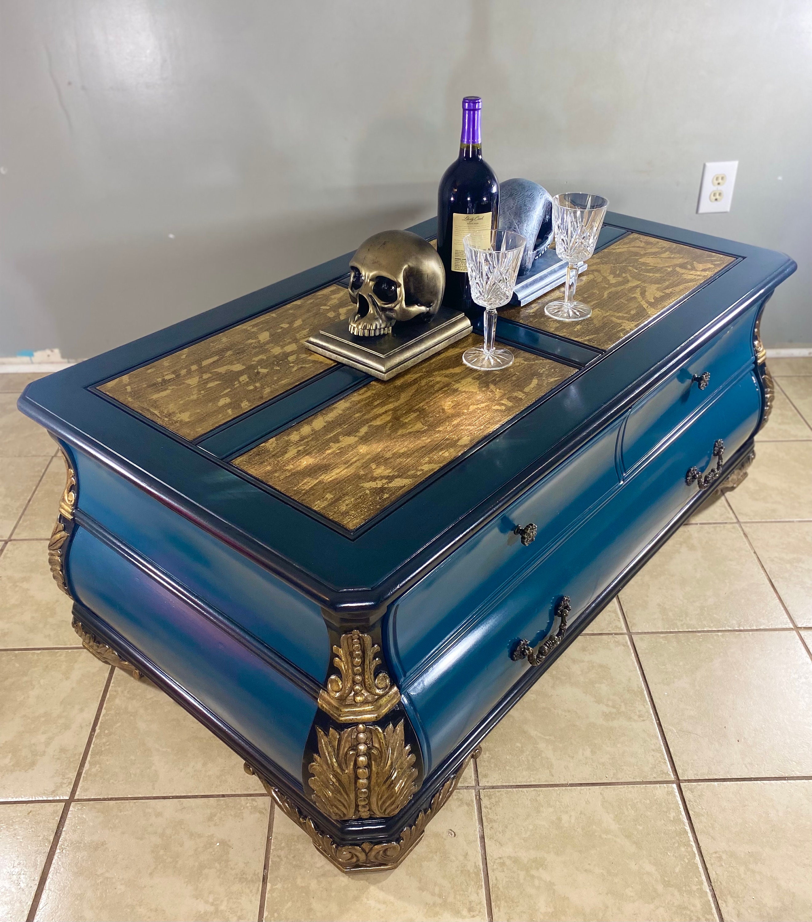 GOLD LEAF Coffee Table, Vintage Coffee Table, Unique Green Coffee Table