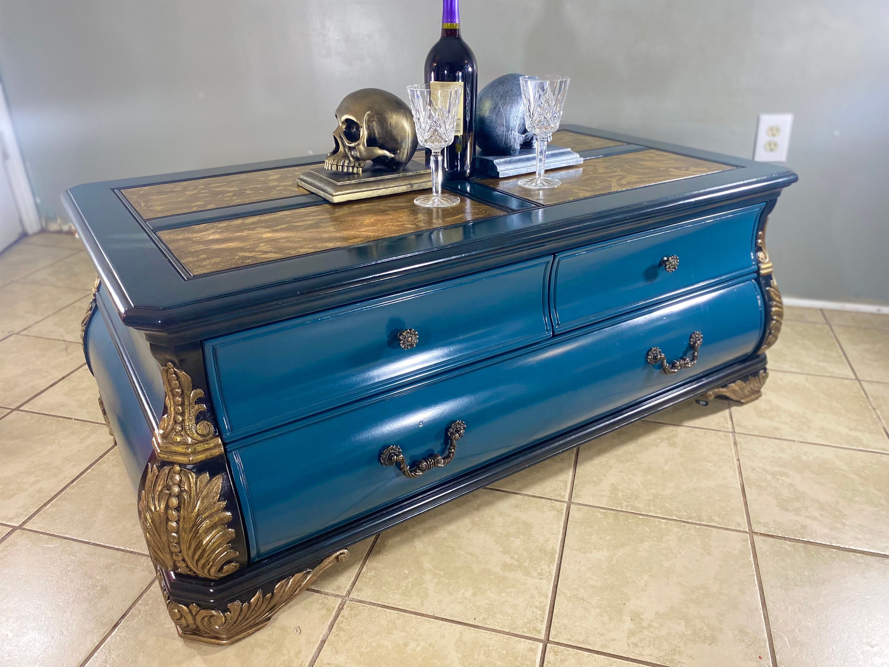 GOLD LEAF Coffee Table, Vintage Coffee Table, Unique Green Coffee Table