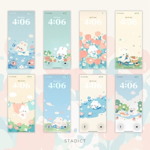 May include: Eight digital smartphone wallpapers featuring a white cartoon rabbit in various pastel-colored scenes, including gardening, picnicking, and playing in flower fields. Each screen displays the time 4:06 and the date Sat 13 Jun at the top.