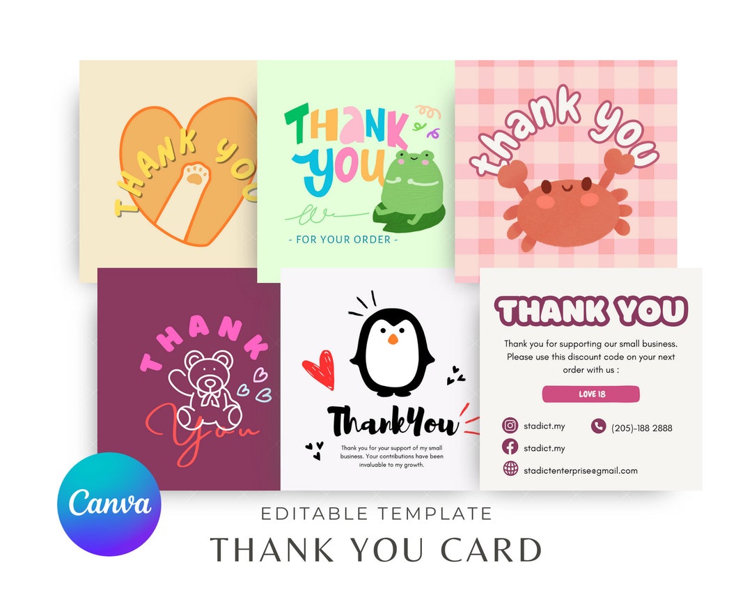 Thank You Card Editable Canva Template Cute Animal Thankyou Order Card ...