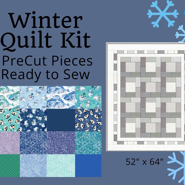 PreCut Quilt Kit, Ready to Sew, No Cutting Quilt, Easy Quilt Kit, Beginner Quilt Kit, Penguin Quilt, Polar Bear Quilt, Christmas Throw Quilt