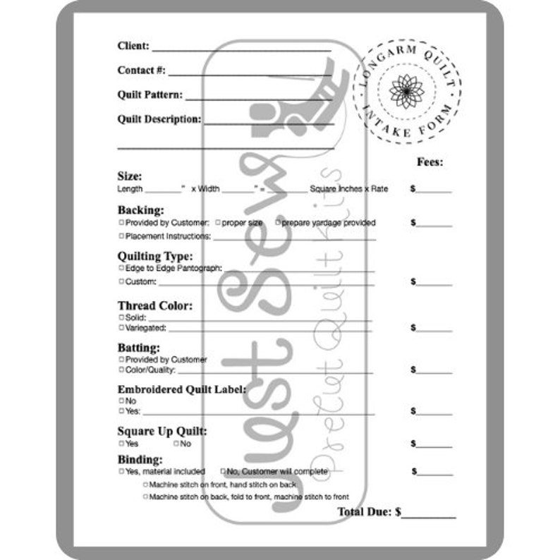 Longarm Quilt Intake Form Printable PDF Download 8.5 X Etsy Canada