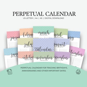Perpetual Calendar Printable Perpetual Birthday Calendar Printable Calendar Family Calendar Event Calendar Printable