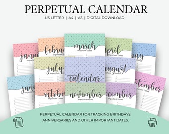 Perpetual Calendar Printable Perpetual Birthday Calendar Printable Calendar Family Calendar Event Calendar Printable