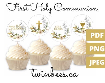 1st Holy communion cupcake topper digital download, first communion cake topper printable, God bless cupcake topper, cross cupcake toppers