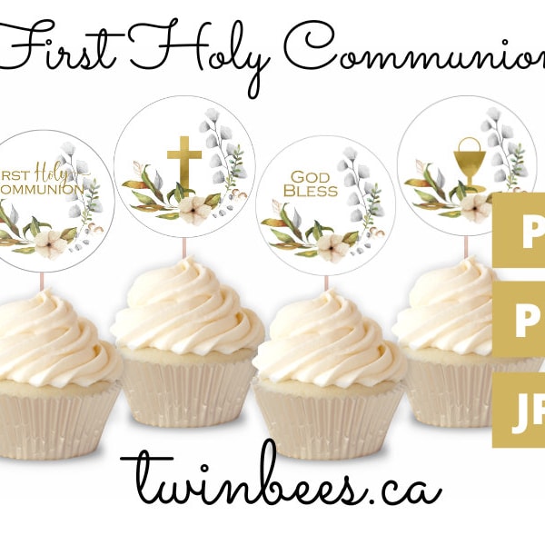 1st Holy communion cupcake topper digital download, first communion cake topper printable, God bless cupcake topper, cross cupcake toppers