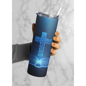 Blue Glitter Cross and Bible, The Word, the Bible, Cross, 20 or 30 Oz Skinny Tumbler, 24 Oz Water Bottle, image 1