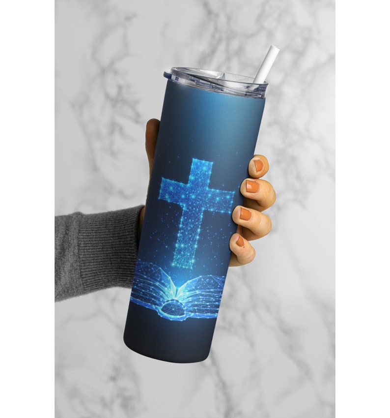 Blue Glitter Cross and Bible, The Word, the Bible, Cross, 20 or 30 Oz Skinny Tumbler, 24 Oz Water Bottle, image 1