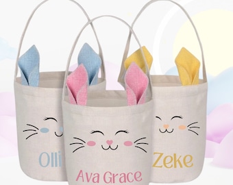 Personalized Easter Basket, Kids' Easter Basket with Bunny Ears, Linen Easter Basket, Gift Basket, Easter Kids' Gift, Custom Easter Basket