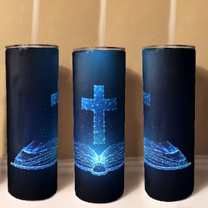 Blue Glitter Cross and Bible, The Word, the Bible, Cross, 20 or 30 Oz Skinny Tumbler, 24 Oz Water Bottle, image 2