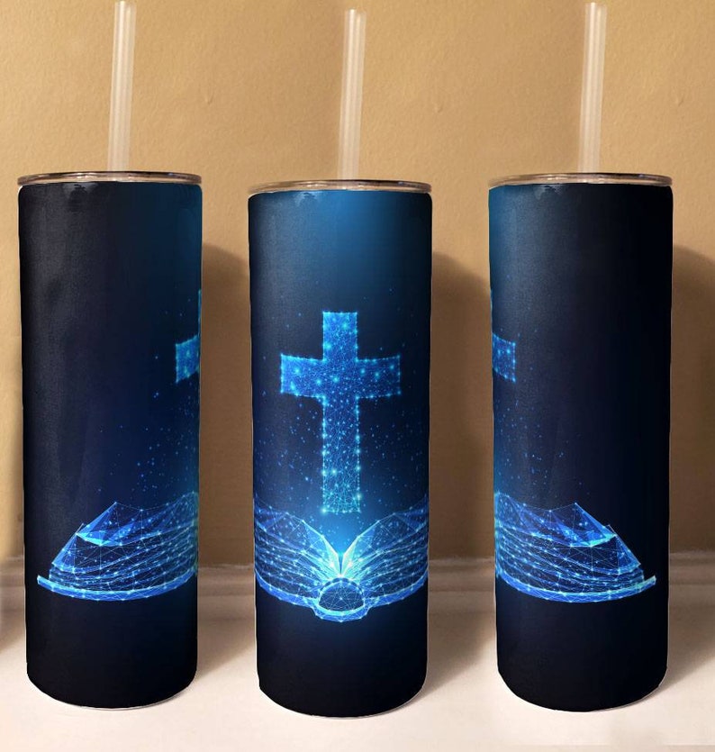 Blue Glitter Cross and Bible, The Word, the Bible, Cross, 20 or 30 Oz Skinny Tumbler, 24 Oz Water Bottle, image 2