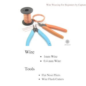 An image showing the essential tools and materials needed for the wire weaving for beginners tutorial. The tools are flat nose pliers and wire cutters. Also details the wire gauges you will need to create the weave patterns which are I and 4 mm.