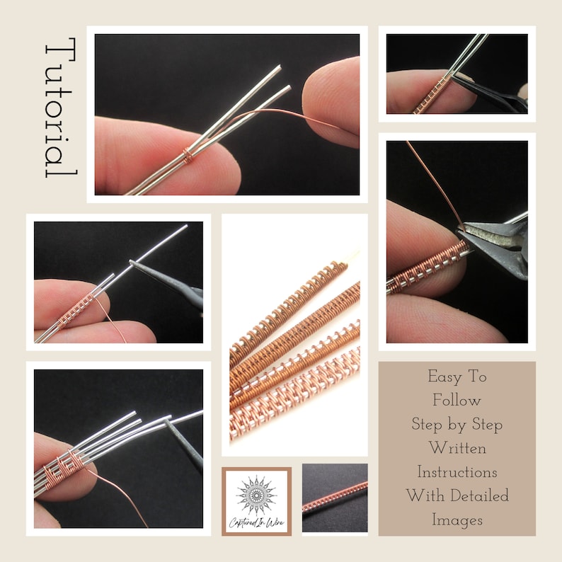 A sample collage of images that are contained within this beginners wire weaving tutorial. Image displays text indicating that this tutorial is easy to follow with full step by step written instructions with accompanying detailed images.