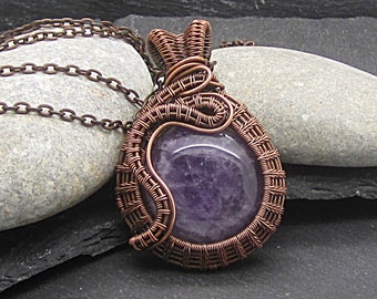 Amethyst and Copper Wire Wrapped Birthstone Necklace, Gemstone Boho Jewellery, Natural Stone Healing Jewellery, Rustic Copper Pendant