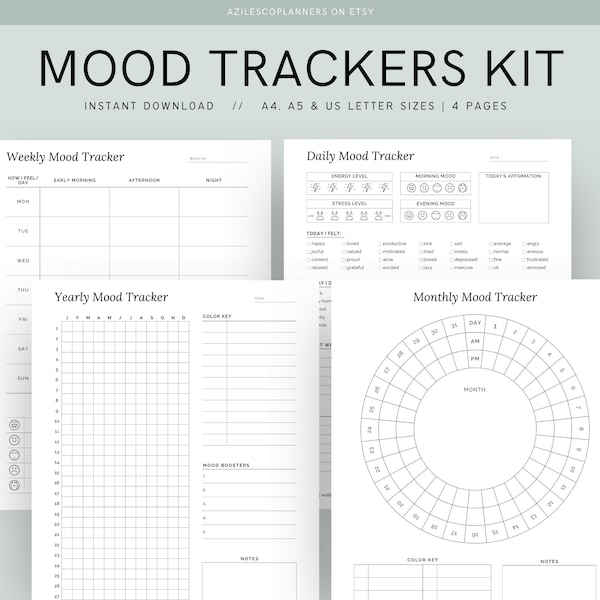 Mood Tracker Printable Kit, Monthly Mood Log, Circular Mood Chart, Mood Track Bullet Journal, Daily Mood Tracker, Weekly mood tracker page