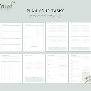 May include: A collection of printable planner pages with the text "PLAN YOUR TASKS" and "yearly, seasonal, weekly, daily." The pages include yearly, monthly, and daily overviews, checklists, and trackers. The pages are white with light green accents.