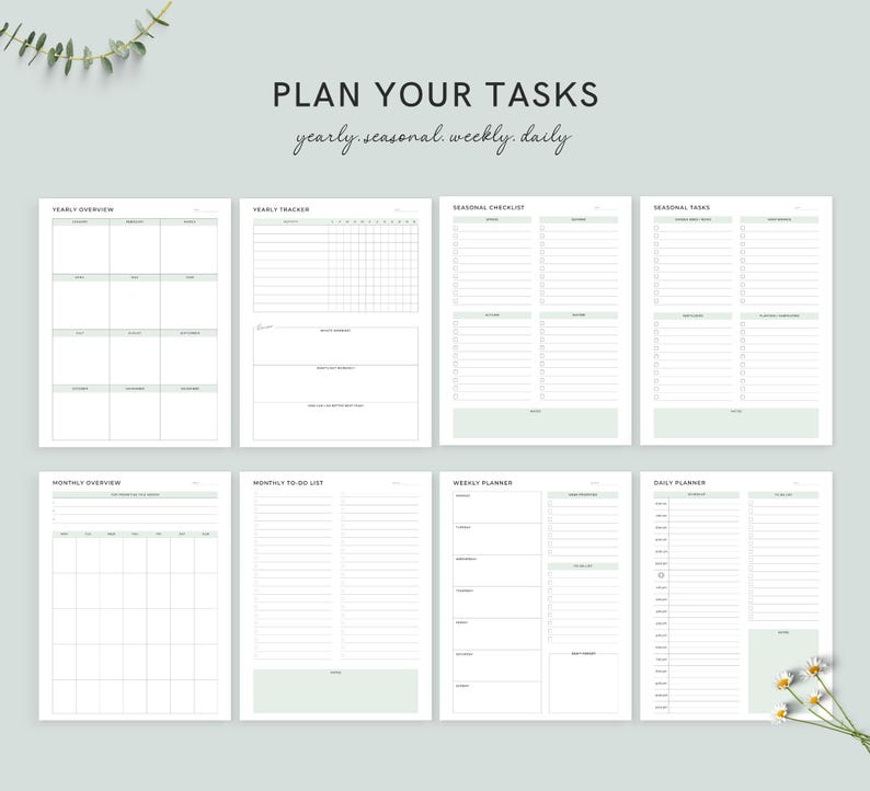 May include: A collection of printable planner pages with the text "PLAN YOUR TASKS" and "yearly, seasonal, weekly, daily." The pages include yearly, monthly, and daily overviews, checklists, and trackers. The pages are white with light green accents.