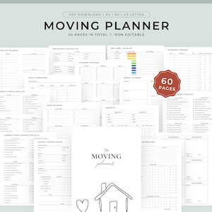 May include: A digital moving planner PDF download featuring 54 pages in total, including checklists for address changes, inventory tracking, room dimensions, and moving company notes, with a cover page displaying a house and heart line drawing.
