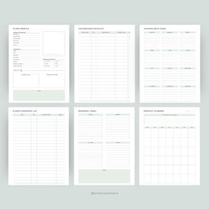 Peut inclure: Six pages de planificateur blanches avec des accents verts. Les pages comprennent des sections pour les profils de plantes, les listes de souhaits, les t&acirc;ches, les listes de courses, les t&acirc;ches saisonni&egrave;res et un planificateur mensuel. Le texte "PLANT PROFILE", "HOUSEPLANTS WISHLIST", "HOUSEPLANTS TASKS", "PLANTS SHOPPING LIST", "SEASONAL TASKS", et "MONTHLY PLANNER" sont visibles.