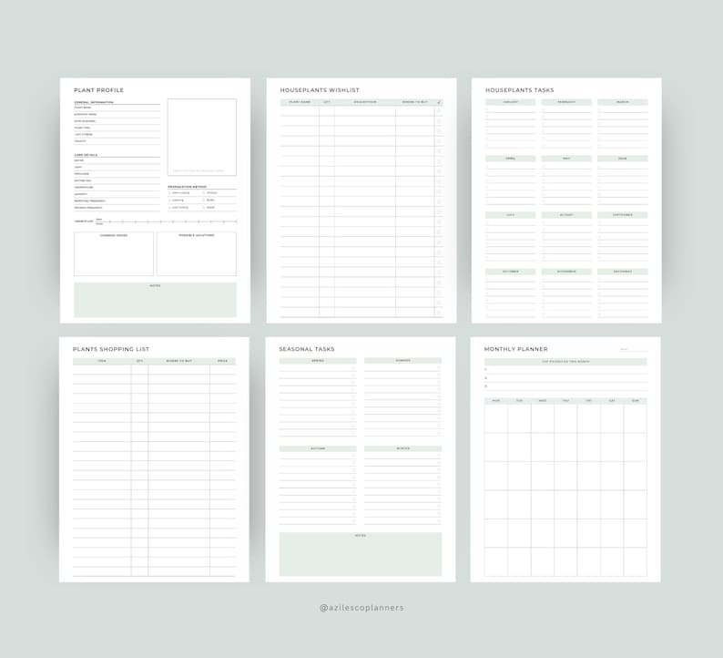 Peut inclure: Six pages de planificateur blanches avec des accents verts. Les pages comprennent des sections pour les profils de plantes, les listes de souhaits, les t&acirc;ches, les listes de courses, les t&acirc;ches saisonni&egrave;res et un planificateur mensuel. Le texte "PLANT PROFILE", "HOUSEPLANTS WISHLIST", "HOUSEPLANTS TASKS", "PLANTS SHOPPING LIST", "SEASONAL TASKS", et "MONTHLY PLANNER" sont visibles.