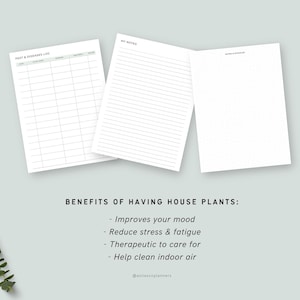 Peut inclure: Trois pages de planificateur blanches avec le texte "PEST & DISEASES LOG", "MY NOTES" et "NOTES & DOODLES". En dessous, le texte se lit "BENEFITS OF HAVING HOUSE PLANTS: Improves your mood, Reduce stress & fatigue, Therapeutic to care for, Help clean indoor air."