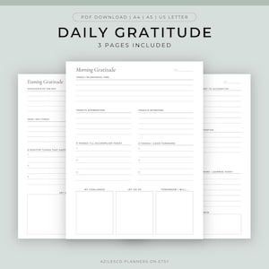 Può includere: Diario di gratitudine giornaliero stampabile con tre pagine: Gratitudine del mattino, Gratitudine della sera e Da realizzare. Ogni pagina ha sezioni per la riflessione, l'affermazione, l'intenzione e altro.