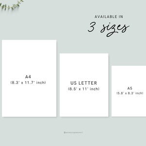 May include: Three white paper sizes: A4 (8.3 x 11.7 inches), US Letter (8.5 x 11 inches), and A5 (5.8 x 8.3 inches). The text "AVAILABLE IN 3 sizes" is written in a cursive font. The background is a light green color.