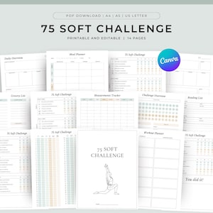 May include: A 14-page 75 Soft Challenge printable and editable PDF download in A4, A5, and US Letter sizes. The collection includes daily overview, meal planner, grocery list, measurements tracker, challenge overview, reading list, and workout planner pages.