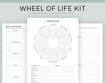 Rueda de la vida imprimible, kit de la rueda de la vida imprimible, planificador de metas, rueda de equilibrio de la vida, círculo de la vida, metas de la vida, rastreador de metas imprimible