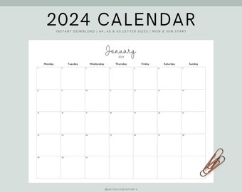 2024 Calendar Printable Landscape, Minimalist Monthly Calendar 2024 - Printable in 3 Convenient Sizes