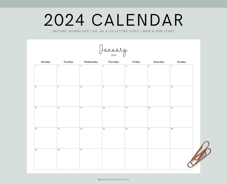 2024 Calendar Printable Landscape, Minimalist Monthly Calendar 2024
