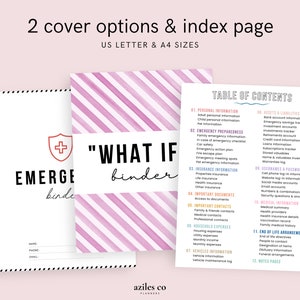 May include: Emergency binder with two cover options and an index page. One cover is white with a red cross, the other is pink and white striped with the text "WHAT IF binder". The index page lists categories like personal information and emergency preparedness.