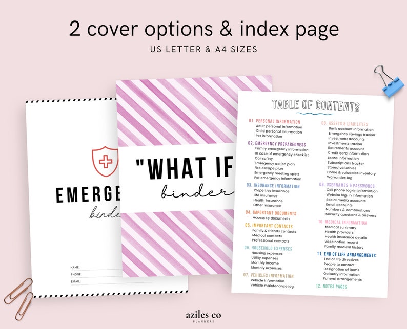 May include: Emergency binder with two cover options and an index page. One cover is white with a red cross, the other is pink and white striped with the text "WHAT IF binder". The index page lists categories like personal information and emergency preparedness.