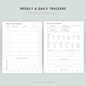 May include: A black and white printable weekly and daily tracker. The design includes sections for mood tracking, daily activities, and notes. The text "WEEKLY & DAILY TRACKERS" is at the top.