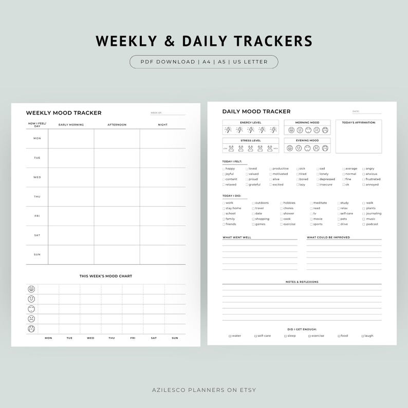 May include: A black and white printable weekly and daily tracker. The design includes sections for mood tracking, daily activities, and notes. The text "WEEKLY & DAILY TRACKERS" is at the top.