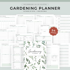 May include: A Gardening Planner with 54 pages, featuring a cover with a botanical leaf design. The planner includes sections for monthly overviews, yearly trackers, plant lists, and garden project planning. The text "Gardening Planner" is displayed on the cover.