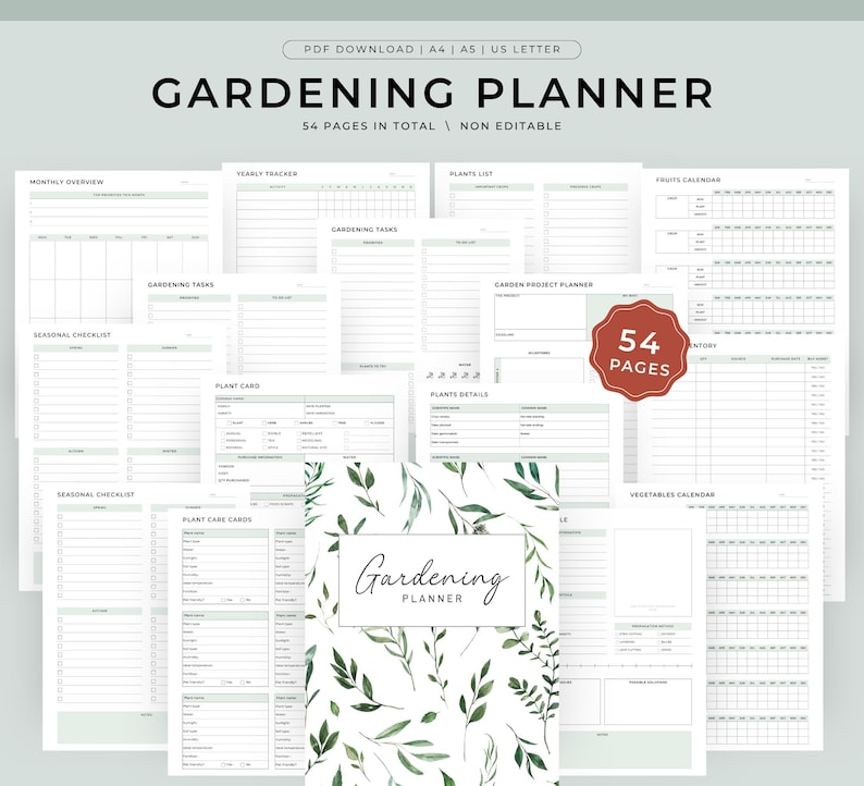 May include: A Gardening Planner with 54 pages, featuring a cover with a botanical leaf design. The planner includes sections for monthly overviews, yearly trackers, plant lists, and garden project planning. The text "Gardening Planner" is displayed on the cover.