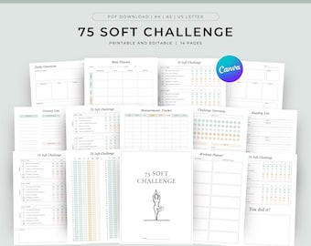 Editable 75 Soft Challenge Printable Tracker, 75 Soft Tracker, Habit Tracker, Daily 75 Soft Challenge Journal,Rainbow Planner Canva Template
