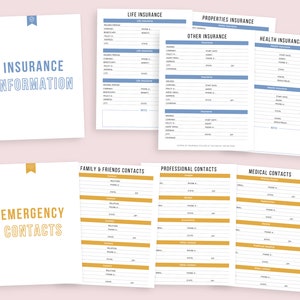 May include: A collection of white paper forms with blue and gold accents. The forms include sections for insurance information, emergency contacts, and various types of insurance. The text "INSURANCE INFORMATION" and "EMERGENCY CONTACTS" are visible.