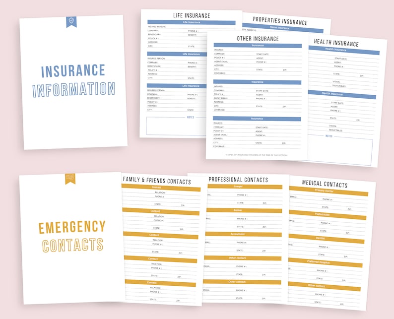 May include: A collection of white paper forms with blue and gold accents. The forms include sections for insurance information, emergency contacts, and various types of insurance. The text "INSURANCE INFORMATION" and "EMERGENCY CONTACTS" are visible.
