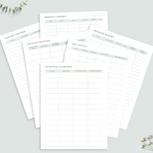 May include: A collection of white paper sheets with various gardening-related titles, including "Harvest Tracker," "Monthly Harvest," and "Produce Budget." The sheets have a minimalist design with pale green accents and lined sections for recording information.