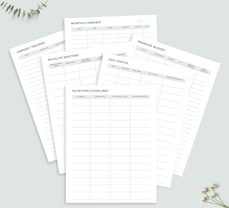 May include: A collection of white paper sheets with various gardening-related titles, including "Harvest Tracker," "Monthly Harvest," and "Produce Budget." The sheets have a minimalist design with pale green accents and lined sections for recording information.