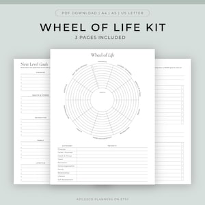 May include: A Wheel of Life Kit with three pages, featuring a circular diagram for self-assessment and goal setting. The central diagram is surrounded by sections for Finances, Career/Business, Health & Fitness, Travel, Recreation, Home Organization, Family, Relationships, Lifestyle, and Self-Development. The kit includes pages for Next Level Goals.