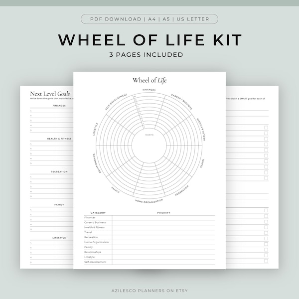 Roda da Vida para Imprimir, Kit Roda da Vida para Imprimir, Planejador de Metas, Roda do Equilíbrio da Vida, Círculo da Vida, Metas de Vida, Rastreador de Metas para Imprimir